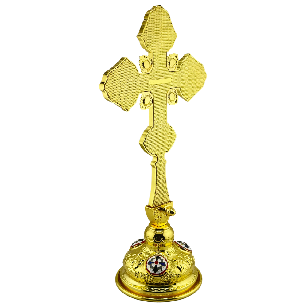 Orthodox Altar Cross In Gilding With Colored Enamel (Stand Optional) Orthodox Altar Cross In Gilding With Colored Enamel (Stand Optional)
